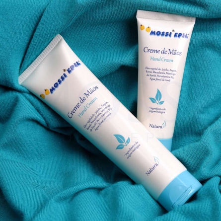 composições de origem biológica, óleo vegetal de jojoba, argão, romã, macadâmia, manteiga de karité, pró-vitamina B5 e água floral de romã, mossi epil hand cream