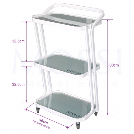 MESA BRANCA C/3 PRATELEIRAS EM VIDRO