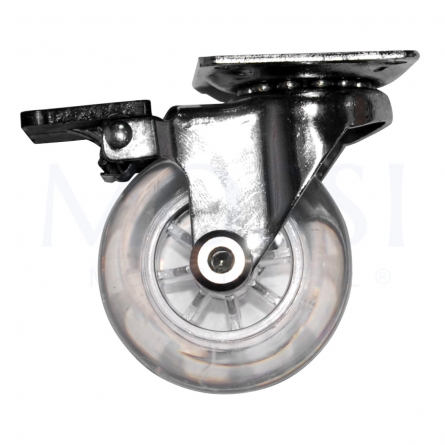 Rodas de transporte, roda giratória com suporte, aparafusável, borracha, roda de aço do corpo, 50 mm, transparente, com travão